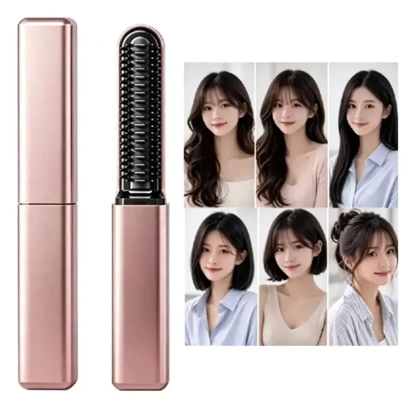 Rechargeable Mini 2-in-1 Hair Straightener Comb 1 Set Wireless Curling Iron Portable for Home Travel Bangs Short Hair