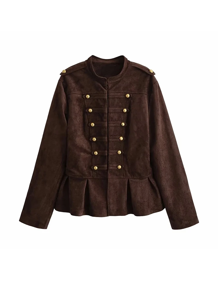Women Spring Fall Faux Suede Military Jacket Stand Collar Double‑Row Brass Buttons Slim Retro Party Business Outerwear