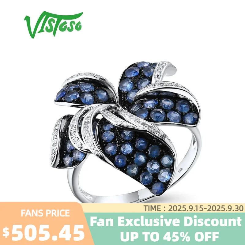 

VISTOSO Pure 14K 585 White Gold Ring For Women shining Diamond Blue Sapphire Flower Ring Wedding Engagement Elegant Fine Jewelry