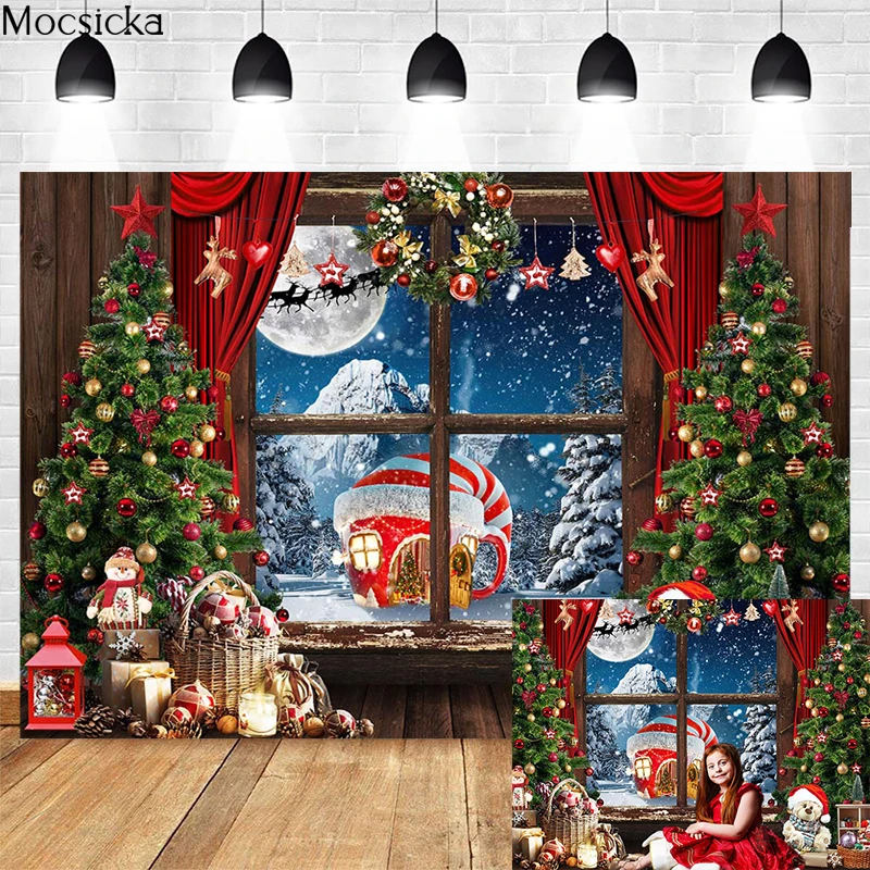 Mocsicka Christmas Background For Photography Backdrops Snow Window Tree Baby Portrait Photographic Party Decor Photo Studio