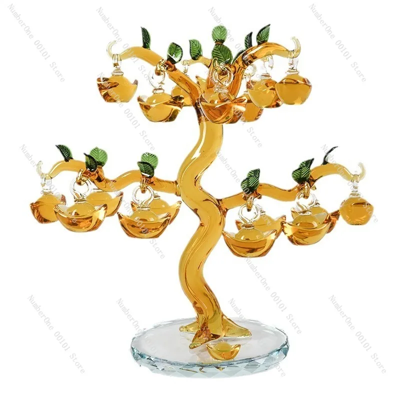 Yellow Crystal Glass Money Tree Decor, Mother's Day Housewarming Gift for Home Office Desk Wine Cabinet Display