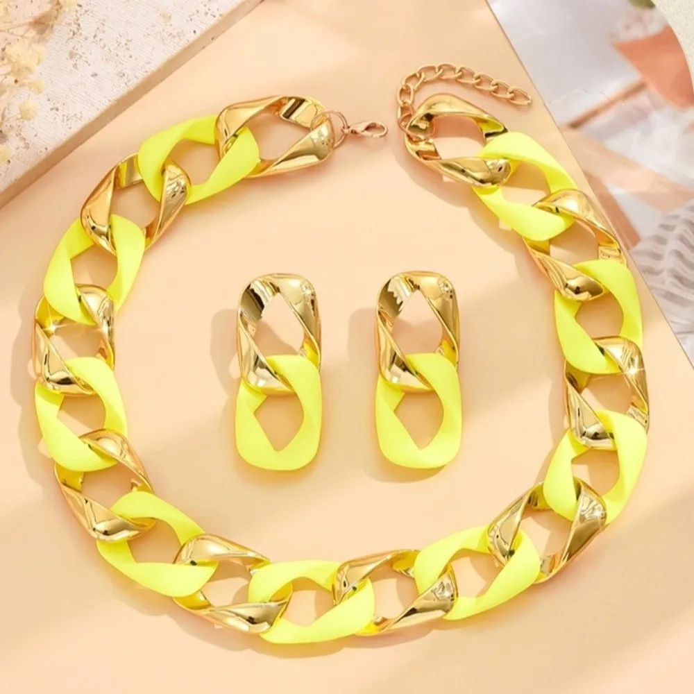Trendy Fluorescent Color Jewelry Set Resin Acrylic Splicing Chunky And Earrings Matte Statement Party Accessories