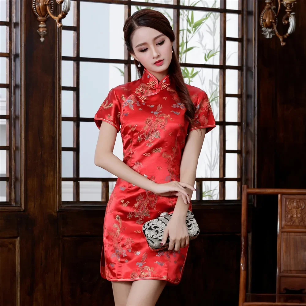 Sexy Glod Chinese Women Dragon Mini Qipao Traditional Satin Cheongsam Casual Vestidos Dress S M L XL XXL XXXL