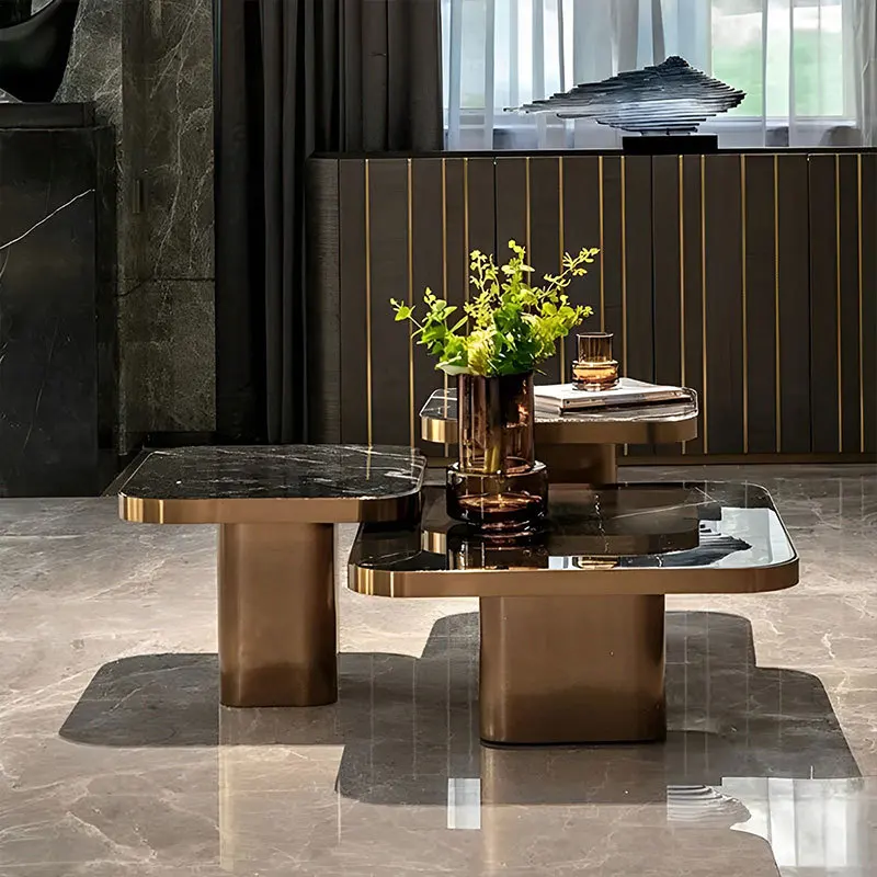 Meja kopi kombinasi baja tahan karat gaya mewah ringan untuk apartemen kecil, ruang tamu, bentuk persegi, meja teh kreatif, modern dan simpel