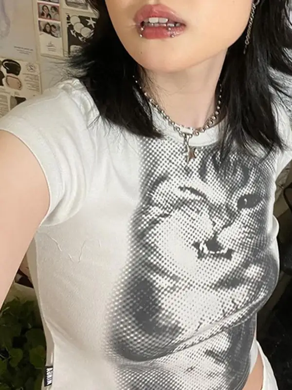 Harajuku Animal Print Crop Top Basic White Short Sleeve Crewneck T-shirt Women Casual Slim-fitting Tees Lady y2k Vintage - Image 4