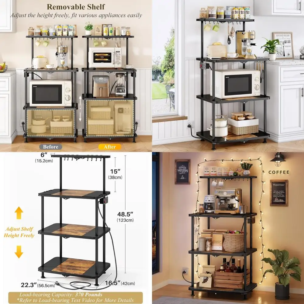 

4-Tier Adjustable Coffee Bar Baker's Rack with Power Outlet, Tool-Free Assembly, 12 Hooks, Brown