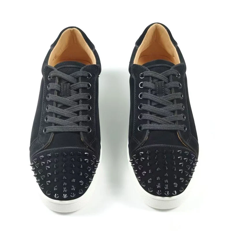 mens luxury fashion party nightclub spikes studded shoes lace-up flats rivets shoe black stylish cow suede leather footwear mans