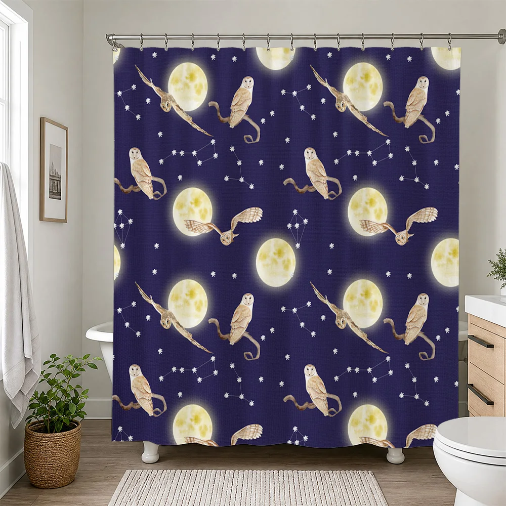 Waterproof Blue Shower Curtain Galaxy Night Sky Moon Stars Flying Birds Wildlife Mural Bathroom Decor Shower Liner Curtain