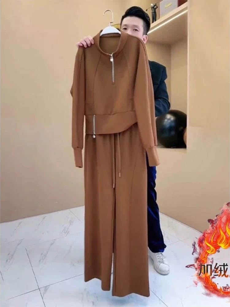 

Женские толстовки с половиной молнии, флисовая теплая толстовка, спортивная куртка, широкие брюки, зимняя одежда, модный повседневный комплект для йоги