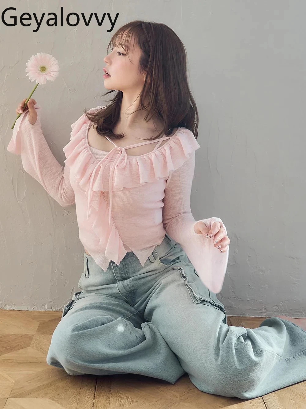 

Fashion Casual Tees Japanese Style Sweet Girl Bow Tie Hollow Long Sleeve Top for Women Sprong Autumn Ladies T-shirts 2025 New