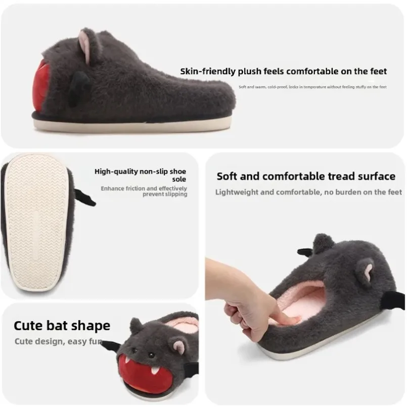 Home 3D Bat Fuzzy Slipper men Fluffy Winter Warm Fur Plush Indoor Thermal Furry House Shoe Flat Slide Cute Halloween Cozy Women view 5