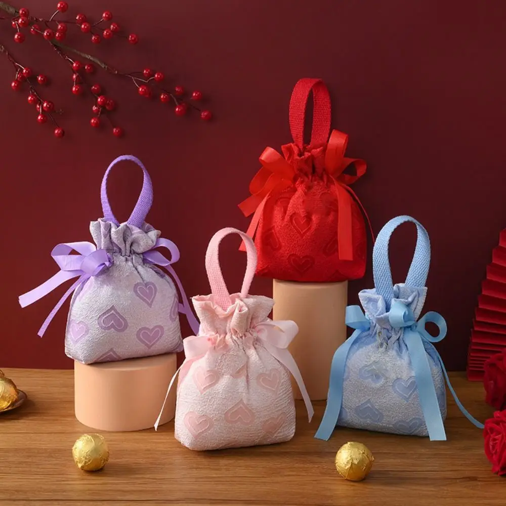 Fashion Love Heart Wedding Sugar Bag Korean Style Handle Canvas Drawstring Bag Large Capacity Coin Purse Bowknot Handbag Party