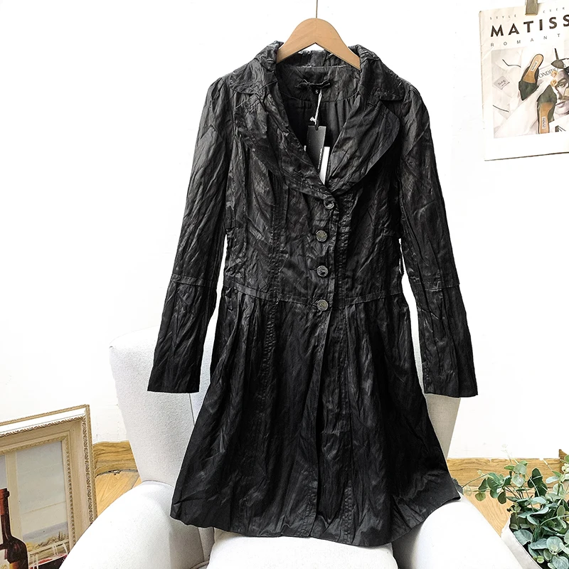 Glossy Biker Vintage Casual Long Coat Women Spring Autumn Soft Stylish Commute Polyester  Regular Sleeve Length
