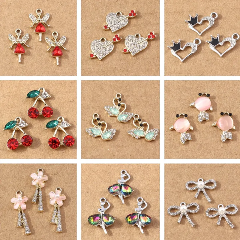 10pcs Crystal Love Heart Flower Charms Cherry Pendants for Jewelry Making Earrings Necklace DIY Bracelet Accessories