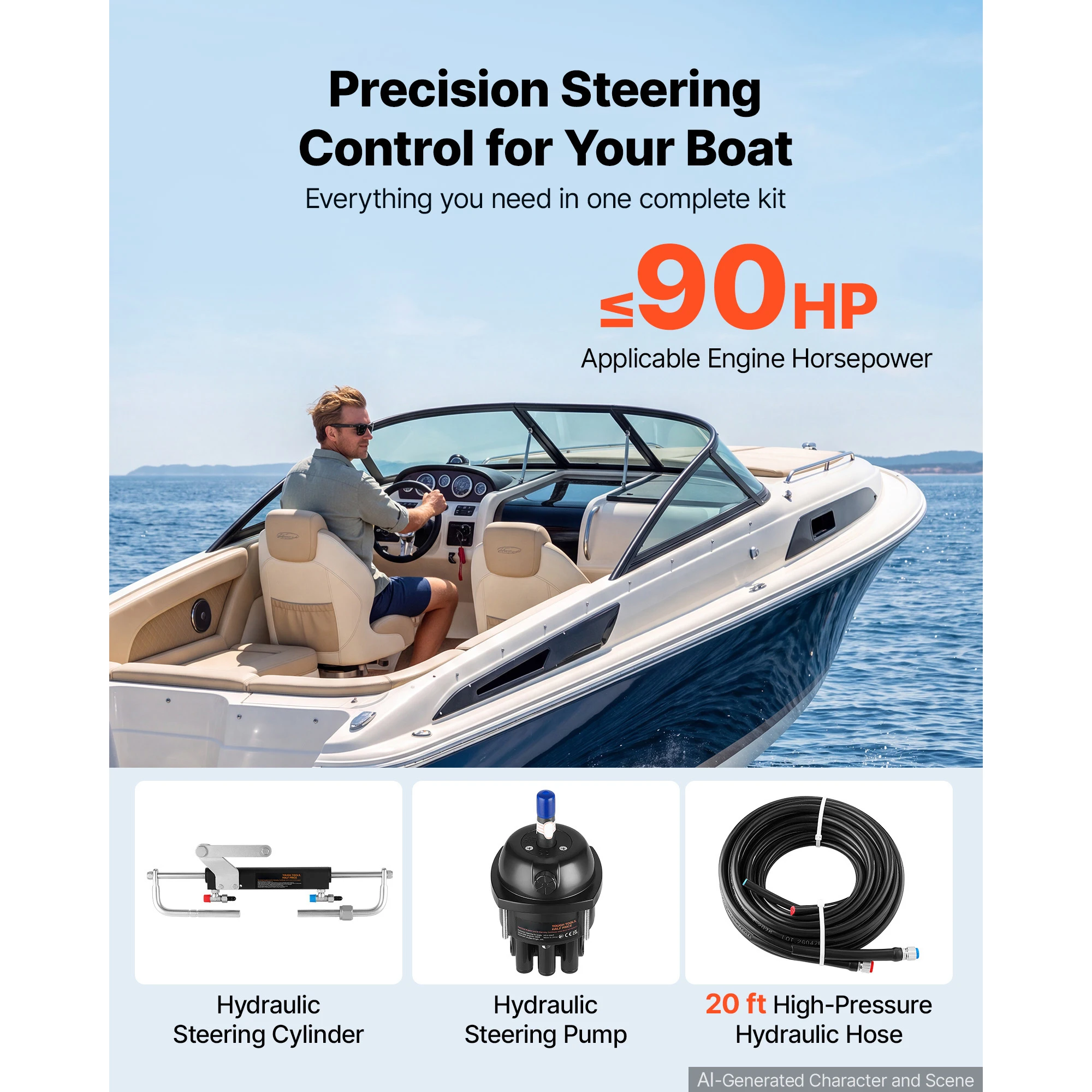 SucceBuy Hydraulic Steering Kit 90HP 20ft / 90HP 24ft / 150HP 20ft, Marine Boat Steering System 2.5 MPa Helm Pump, Two-Way Lock Cylinder, High-Strength Hoses, for Single-Engine Use