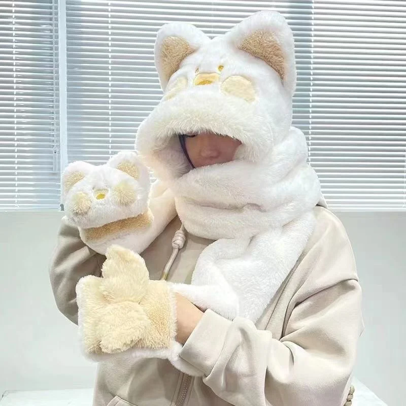 Cute Dudu Cat Hat Scarf Gloves Set 3 In 1 Plush Winter Warm Plush Cartoon Windproof Gloves Cap Kawaii Women Girl Kid Winter Gift