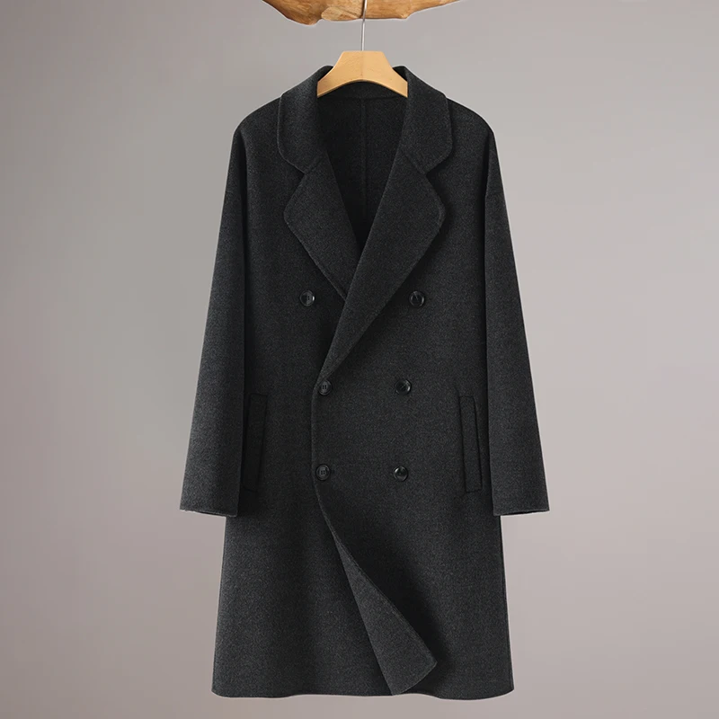 Double-Breasted Drop-Shoulder Men'S Double-Sided Cashmere Coat With Suit Collar 100% Pure Wool Long Business Casual Coat