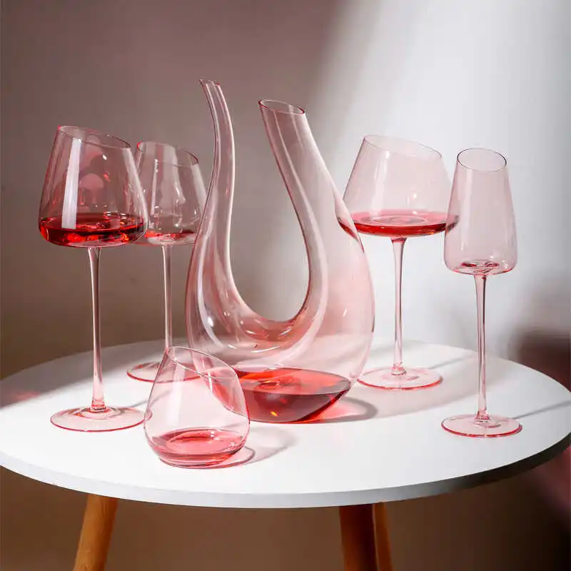 French Pink Flamingo Red Wine Glasses Set Crystal Glass Goblet Creative Inclined Mouth Concave Bottom Champagne Wine Cup Blue