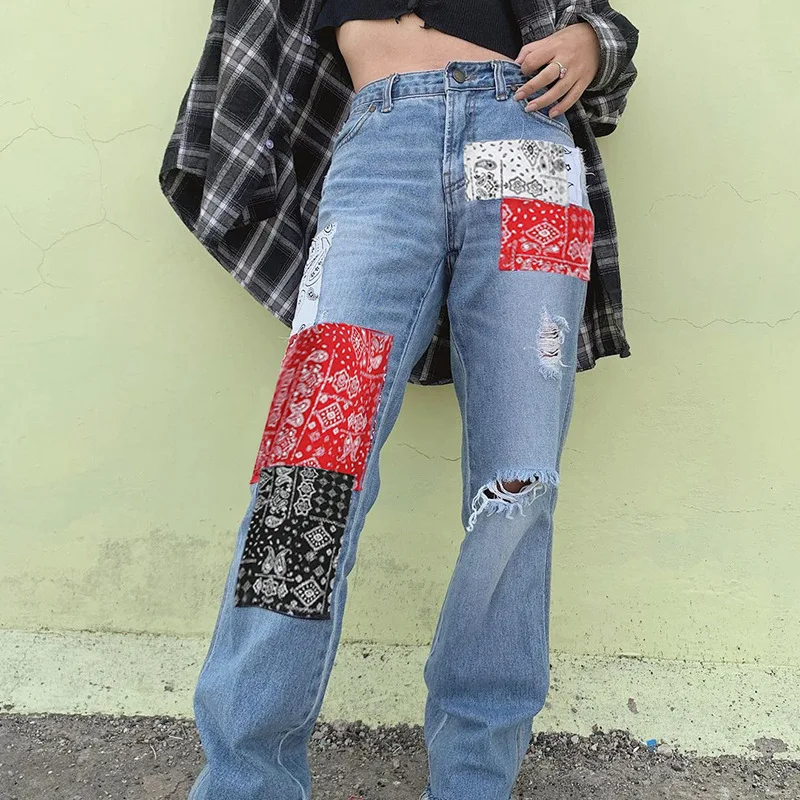 2023 New Fashion Streetwear Bandana Patchwork Denim Pants Hole Ripped Jeans Women Fashion High Waist Jeans Straight Trousers