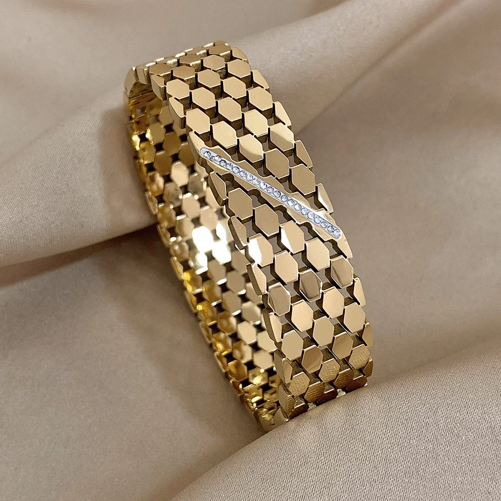 Vintage Stainless Steel Rhinestones Bracelet Bangle Fashion Multiple Row Geometric Polygon Bracelet Wristband Waterproof Jewelry