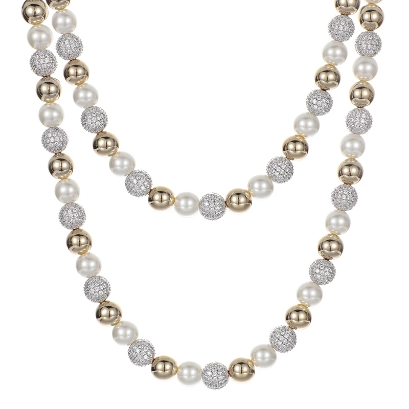 Dropshipping New Arrival Hip Hop Men Women Iced Out Gold Plated Brass Zircon 10mm Imitation Pearl Bead Chain Necklace