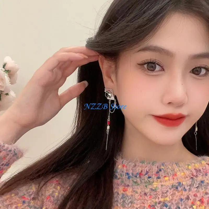 

T21F Elegant Playing Cards with Tassels Earrings Long Dangle Ear Rings Sweet Temperament Ear Accessory for Women Girls