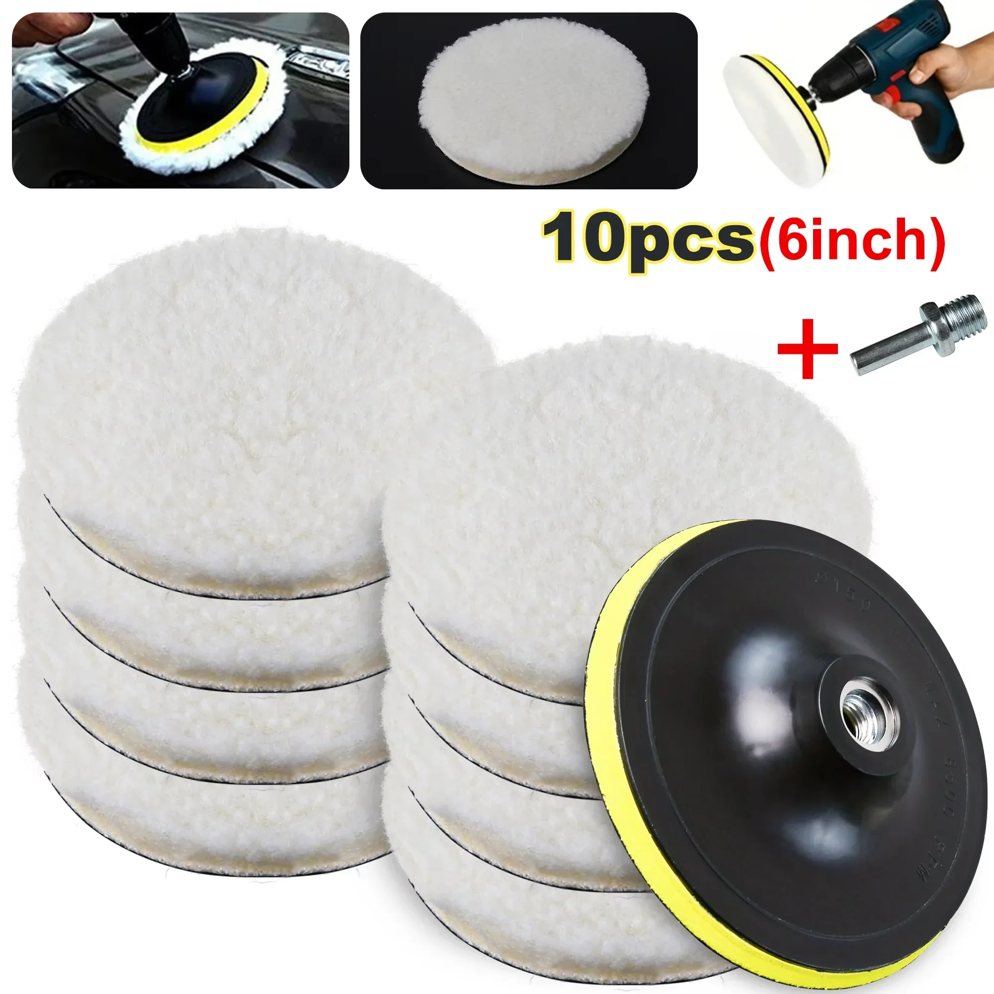 10PCS 6/5/4/3inch Car Polishing Waxing Buffing Wheel Pad Car Polisher Kit for Auto M10/M14 Drill Connector Car Paint Care