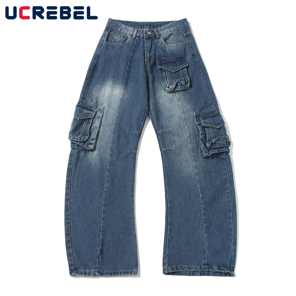 

Spliced Pocket Denim Pants Mens Retro High Street Baggy Washed Distressed Banana Jeans Men