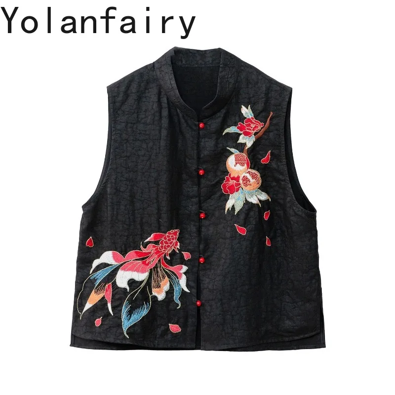YOLANFAIRY 100% Mulberry Silk Sleeveless Vest for Women Tortoise Crack Gambiered Elegant Waistcoat Embroidery Casual Tanks Top