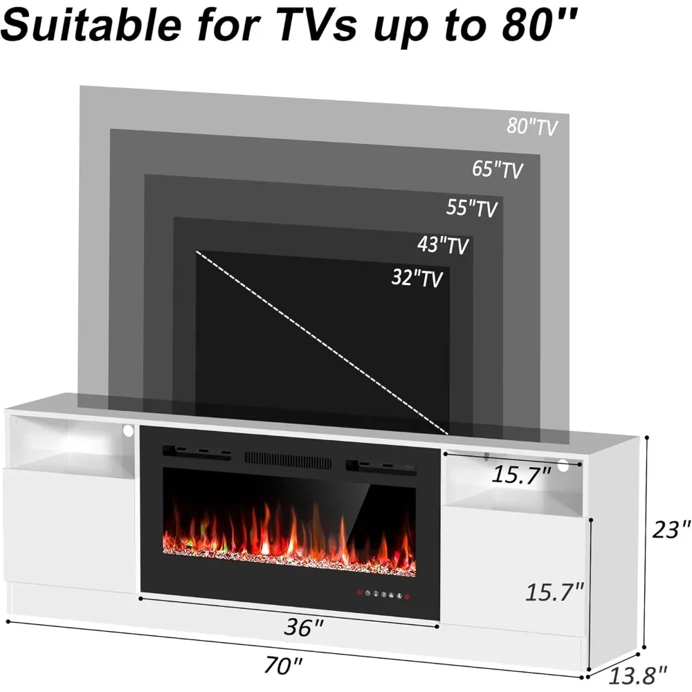 حامل مدفأة تلفزيون مقاس 80 بوصة مع ضوء LED وخزائن تخزين من شركة Media TV Co