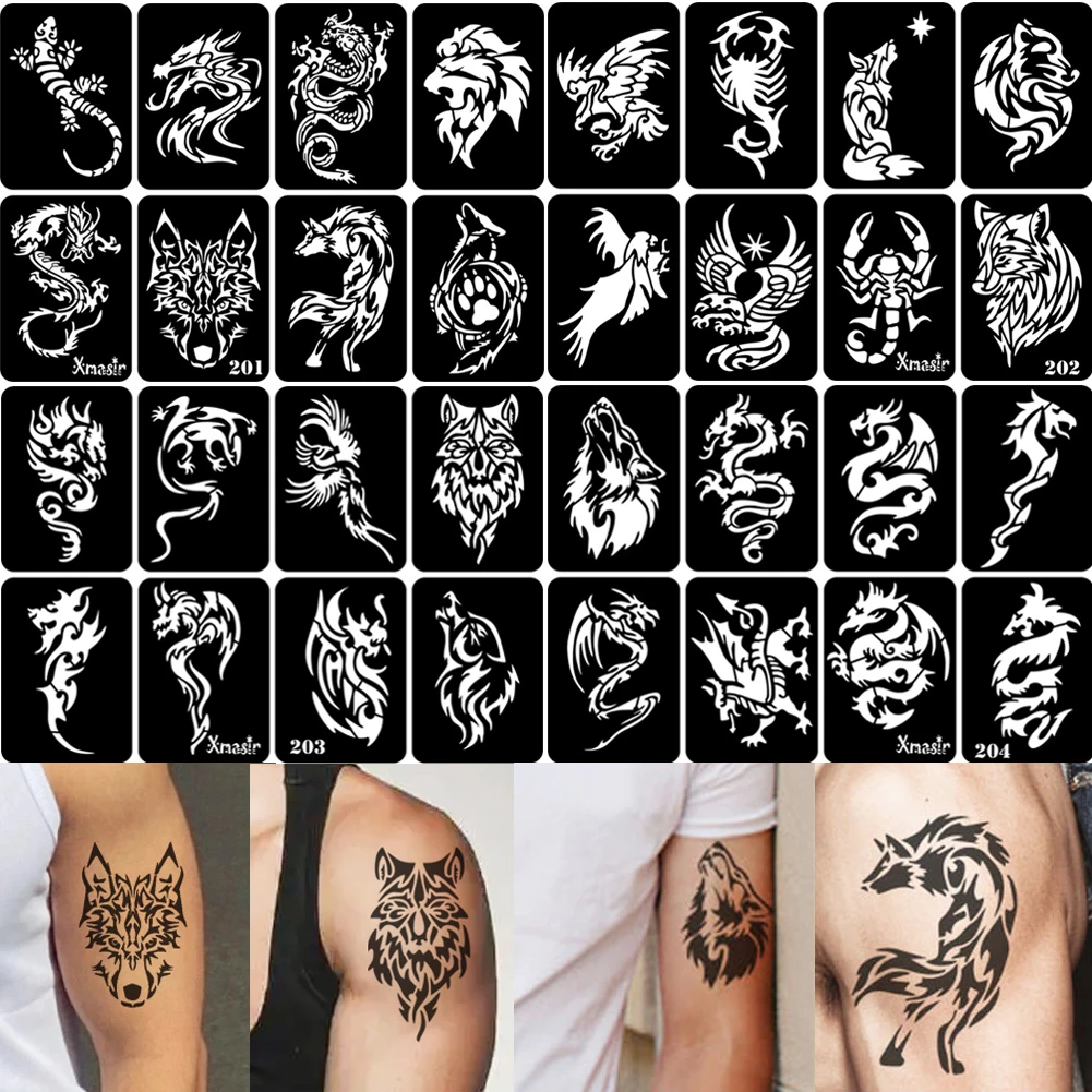 

32pcs Airbrush Temporary Tattoo Stencil for Men Arm Back Body Art Painting DIY Glitter Templates Fake Tattoo Set 6.7cm*9.5 Cm