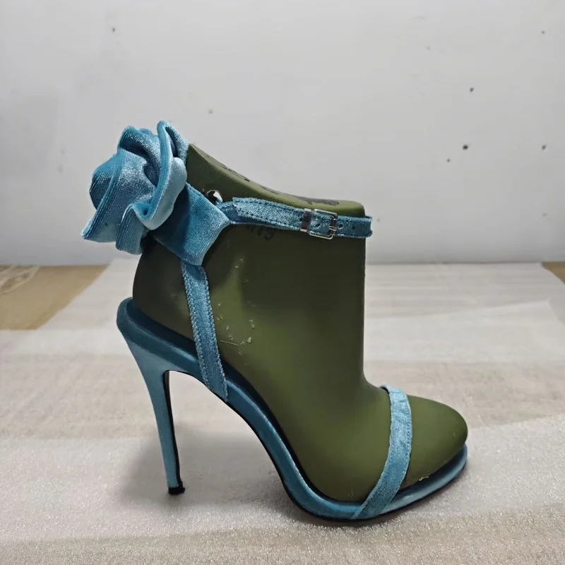 Women's Teal Velvet Heels 3D Rose Ankle Detail Design Sandals Stiletto Heel Ankle Strap Elegant Vintage Ladies Luxurious Shoes - view 6