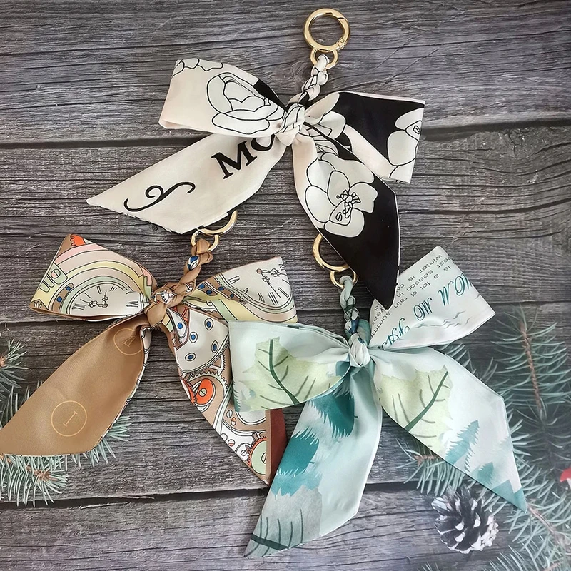 New Camellia Blossom Silk Scarf Bow Keychain Pendant Fresh Korean Edition Girls\' Bag Pendant Car Keychain