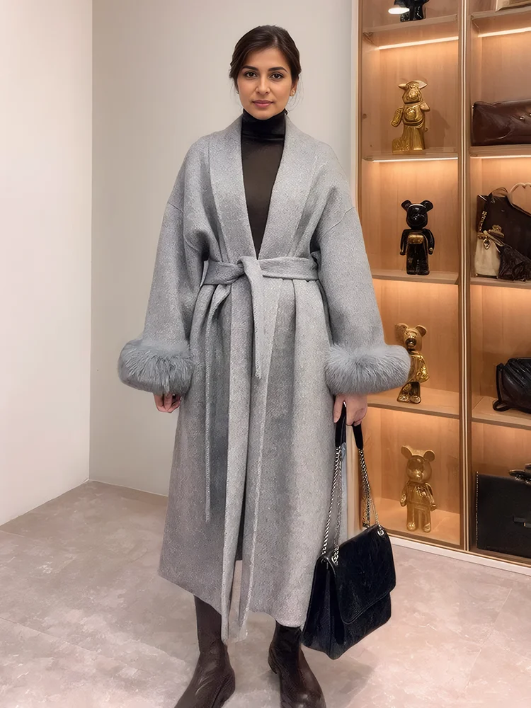 TARUXY Fur Cuff Belted Woolen Coat For Women New Big Size Lapel Full Sleeve Female Solid Long Jacket Fashion Autumn Winter 2025