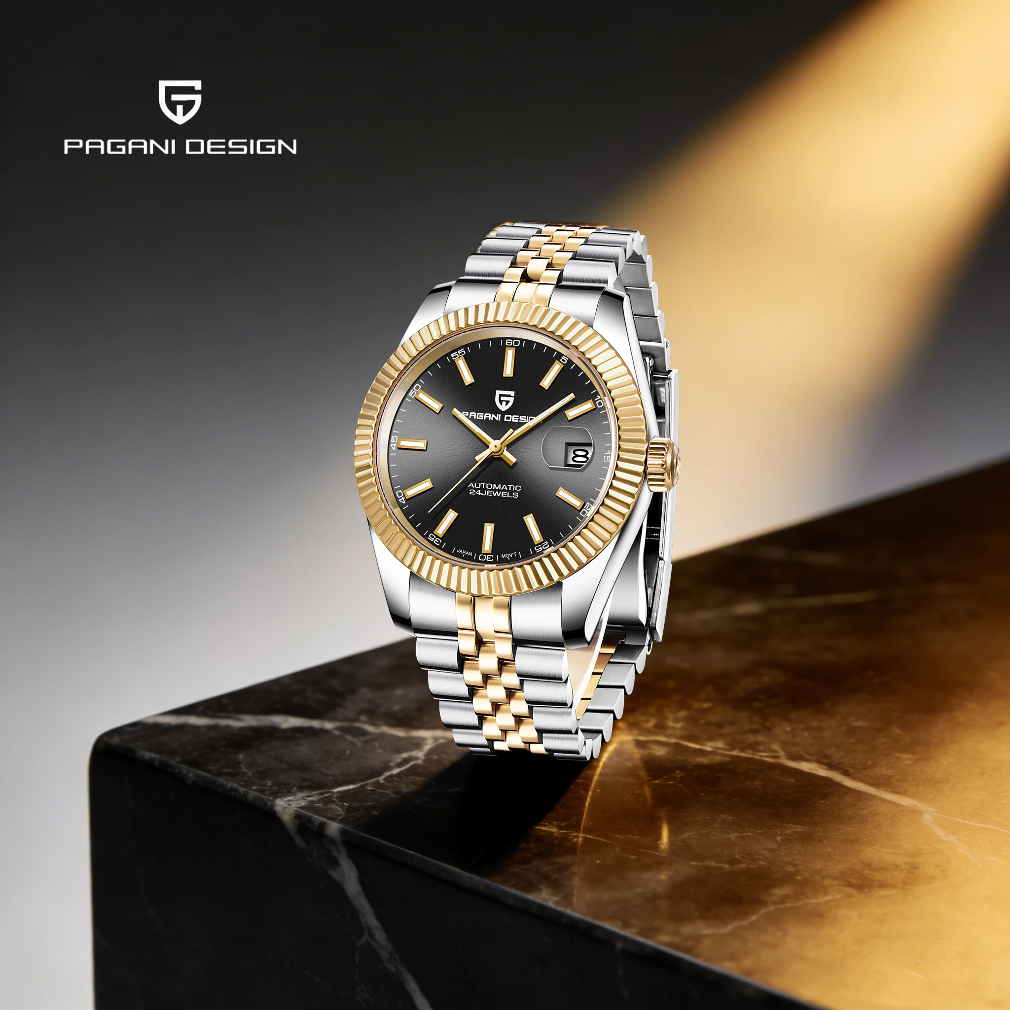 PAGANI DESIGN Luxus Herren Mechanische Uhr Klassisches Schwarz-Gold NH35 Edelstahl Saphirglas Spiegel Leuchtende Taucheruhr