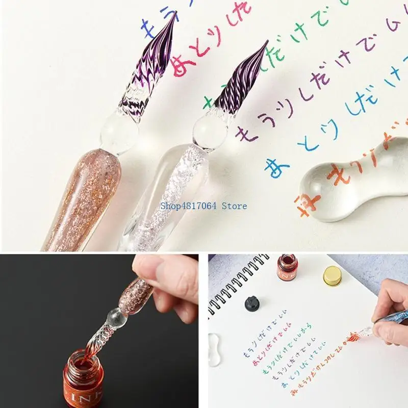 

T3LB Glass Dip Pen Set 12 Gold Powder Inks Cleaning Cup Pen Holder for Students Kids