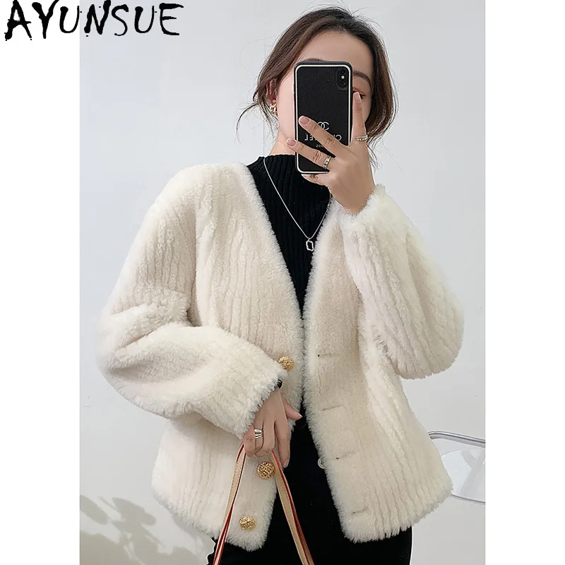 

AYUNSUE 100% Wool Coat Women 2025 Real Sheep Shearling Jacket Winter Clothing Female Composite Fur Пальто Женское V-neck