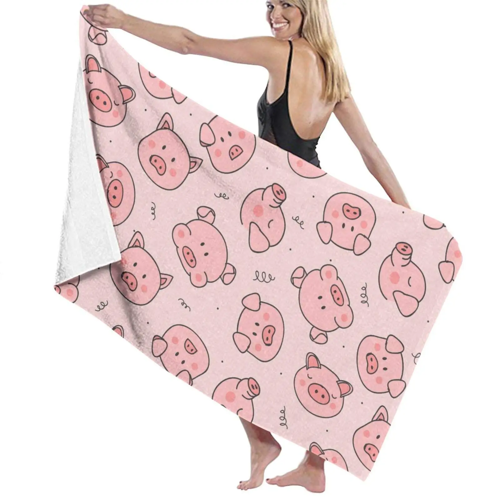 

Cute Cartoon Pig Beach Towel Microfiber Lightweight Bath Towel Sandproof Sauna Spa Sport Travel Towels Quick Dry Bikini Cover Up