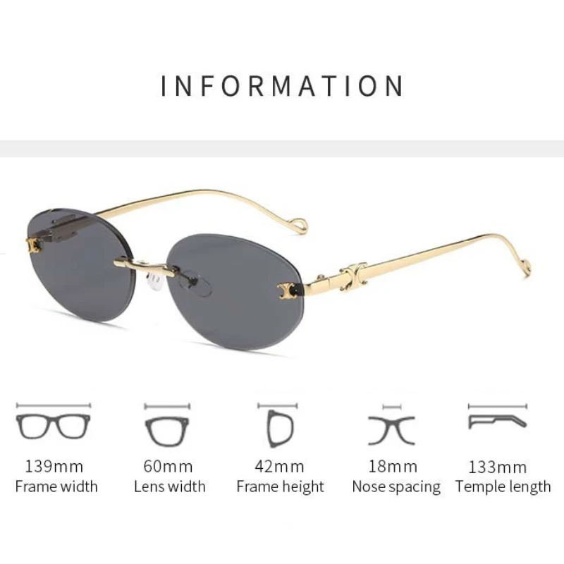 Oval Frame Metal Frameless UV400 Sunglasses Trendy and High-end Retro Fashion Sun Protection UV Resistant Glasses for Women