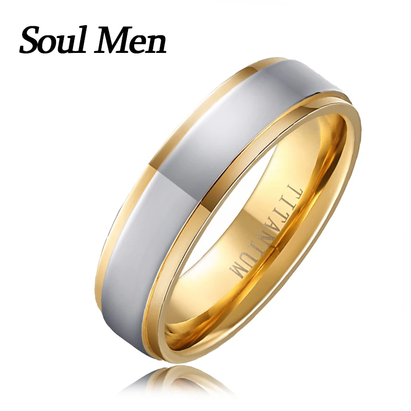 Hot Sale Russian Brazil USA 6mm Classic Gold Color Titanium Ring Comfort Fit Men Unisex Wedding Engagement Band Finger Jewelry