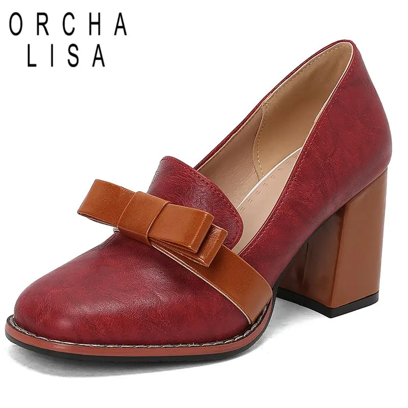 

ORCHA LISA Винтажные женские туфли-лодочки с квадратным носком на массивном высоком каблуке 9 см, слипоны с бантом, разноцветные, большой размер 46 47 48 Офисные женские туфли
