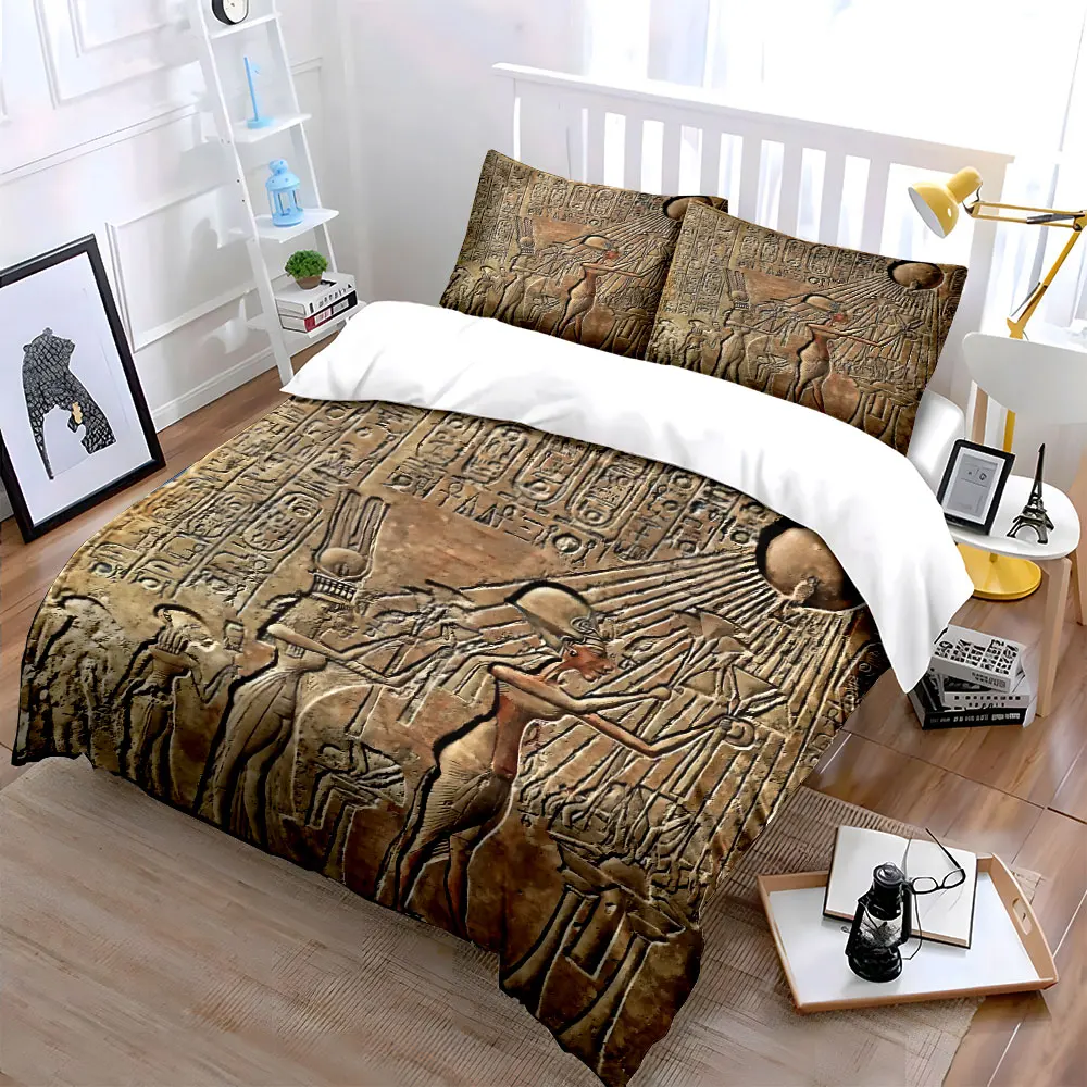 Ancient Egyptian sun worship engraving Print Bedding Set 1 Duvet Cover 2 Pillowcases for Adult and Children Luxury Gift