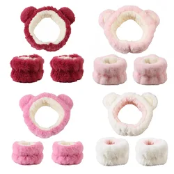 3pcs Cute Bear Headband Set Fluffy Makeup Headband for Face Wash, Face Mask, Skin Care Matching wristband