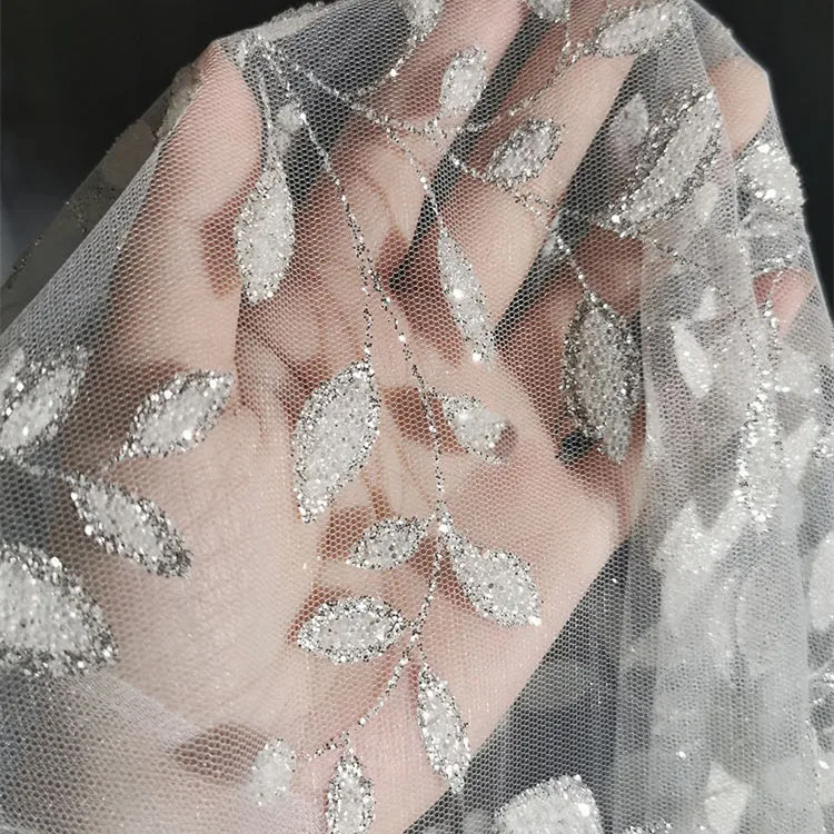 Fabric with Leaf and Glitter Bronzing, Transparent Mesh, Wedding Dress, Dessert Table Layout Dress