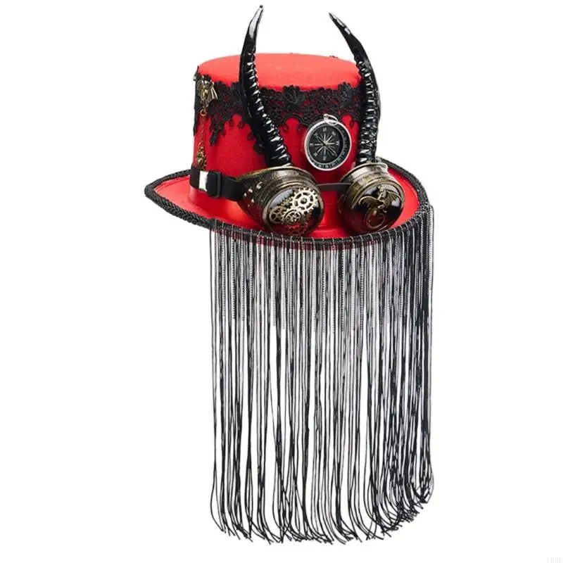 Steampunks Goggle Mit Fransen Dekoration Ziege Horn Kappe Top Cap Kopfbedeckung Für Cosplay Outdoor Event Y08E – Detail 3