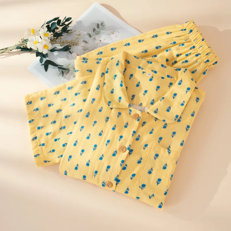 

Желтые хлопковые женские пижамы: повседневный мягкий свободный комплект для сна с длинными рукавами и брюками, 2 предмета