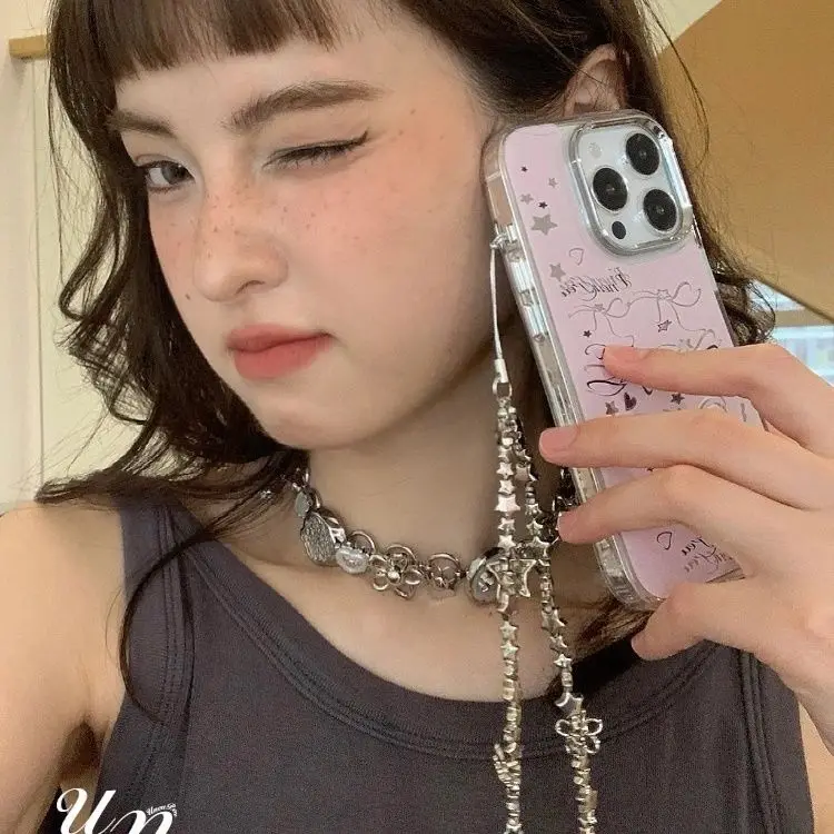 Y2K الفضة ستار حبة شريط لتعليق الهاتف المحمول الحبل اكسسوارات باردة ل iP 15 Airpods سماعات Ins كوريا المدرسية قلادة