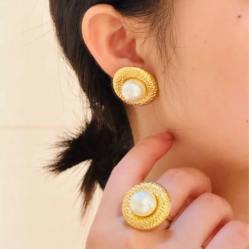 French Style Gold Color Stainless Steel Straw Hat Shape Pearl Necklace Ring Stud Earrings Set for Woman Retro Party Jewelry Gift