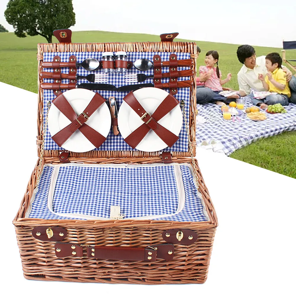 

Large Wicker Picnic Basket With Cups Flatware Set Utensils Basket For 4 Person