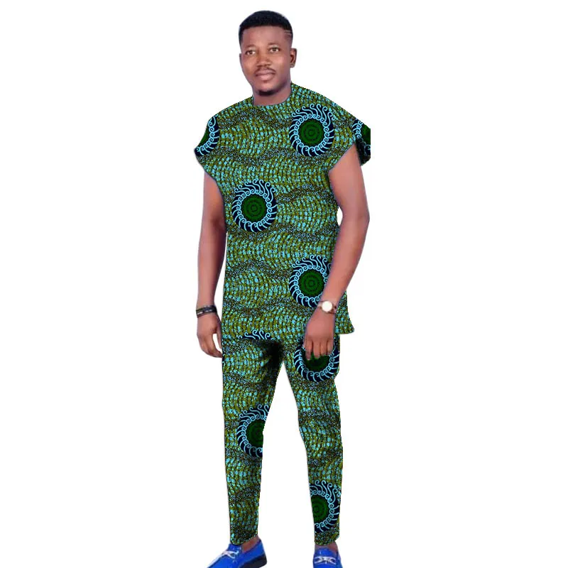 Raglan Sleeve Design Summer African Men\'s Set Tops+Elastic Waist Pants Print Outfits Tailored Nigerian Party Wear